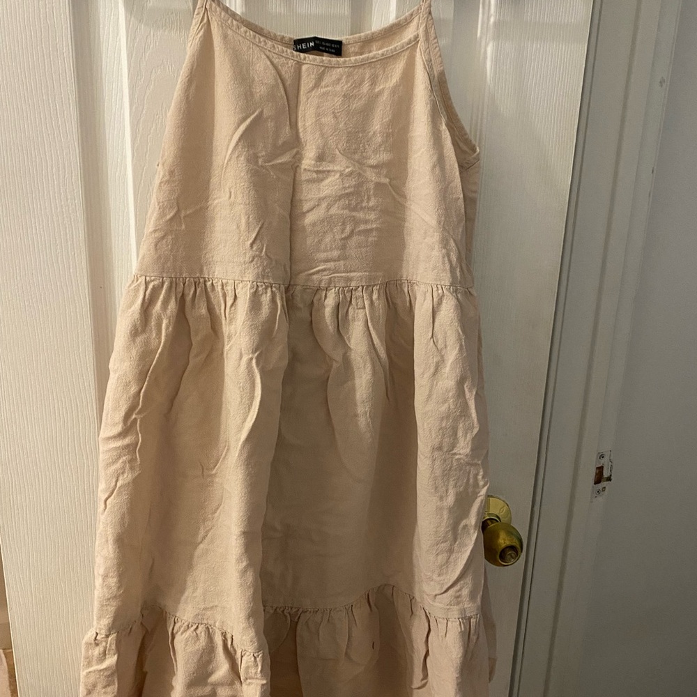 Linen Blend Sleeveless Dress in Beige